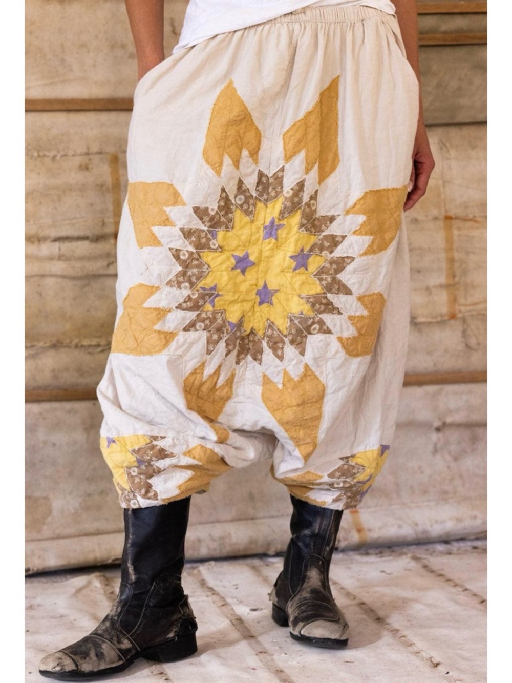 Magnolia Pearl Cream Harem Pants with Yellow and Brown Star Patchwork